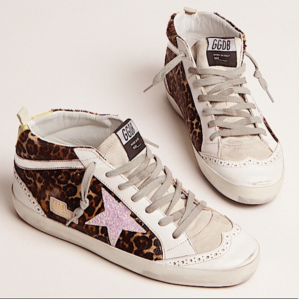 Golden Goose Mid Star Sneakers LTD in Leopard Print Pony Skin Pink Glitter Star